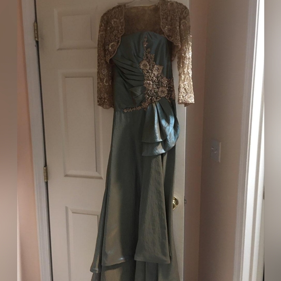 Montage by Mon Cheri Dresses & Skirts - MONTAGE by Mon Cheri Satin Strapless Beaded Evening Gown sz 2 & matching jacket